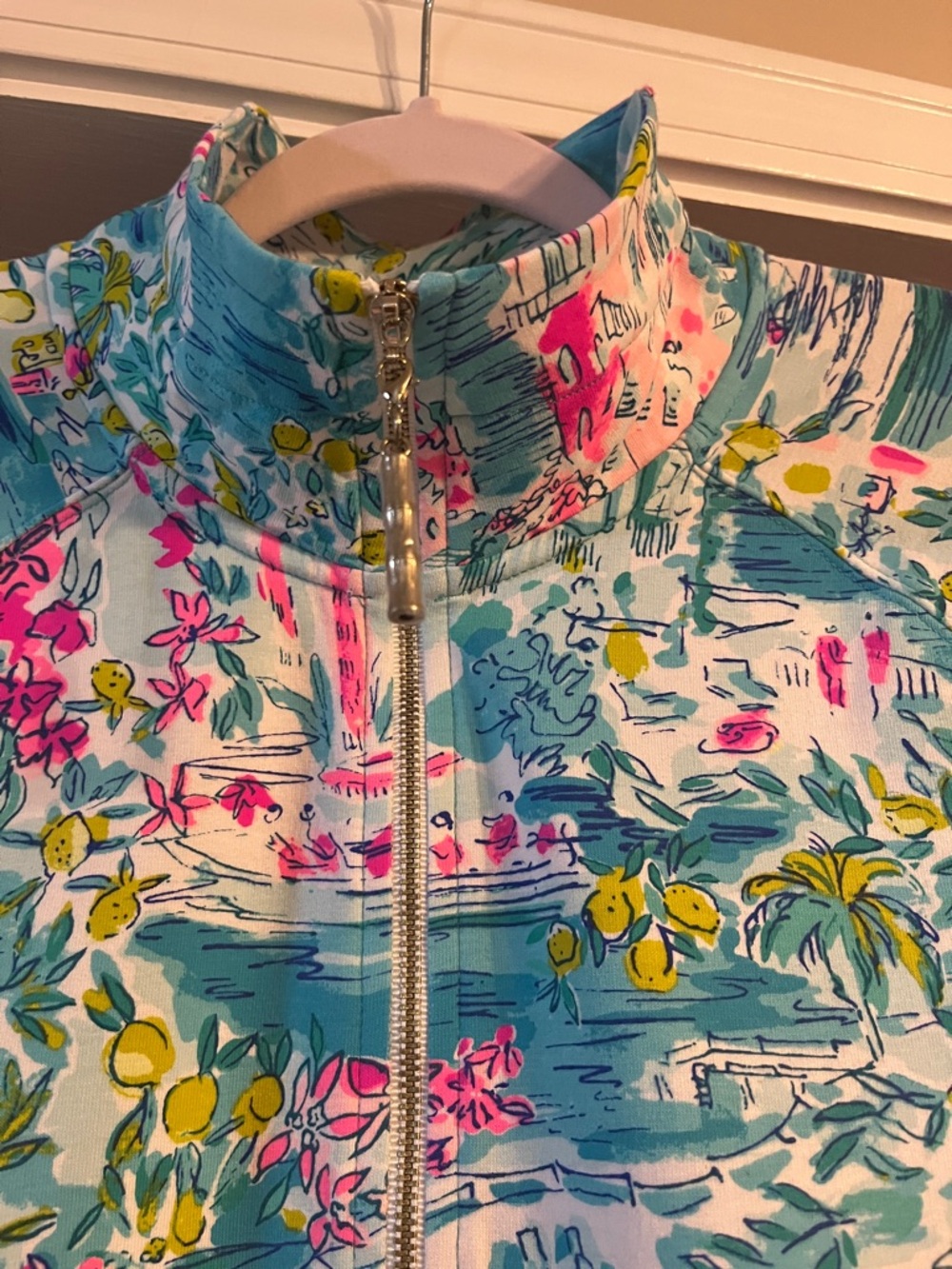Tropical Floral Quarter-Zip Pullover - Aqua, Pink, Yellow - Picture 2 of 6